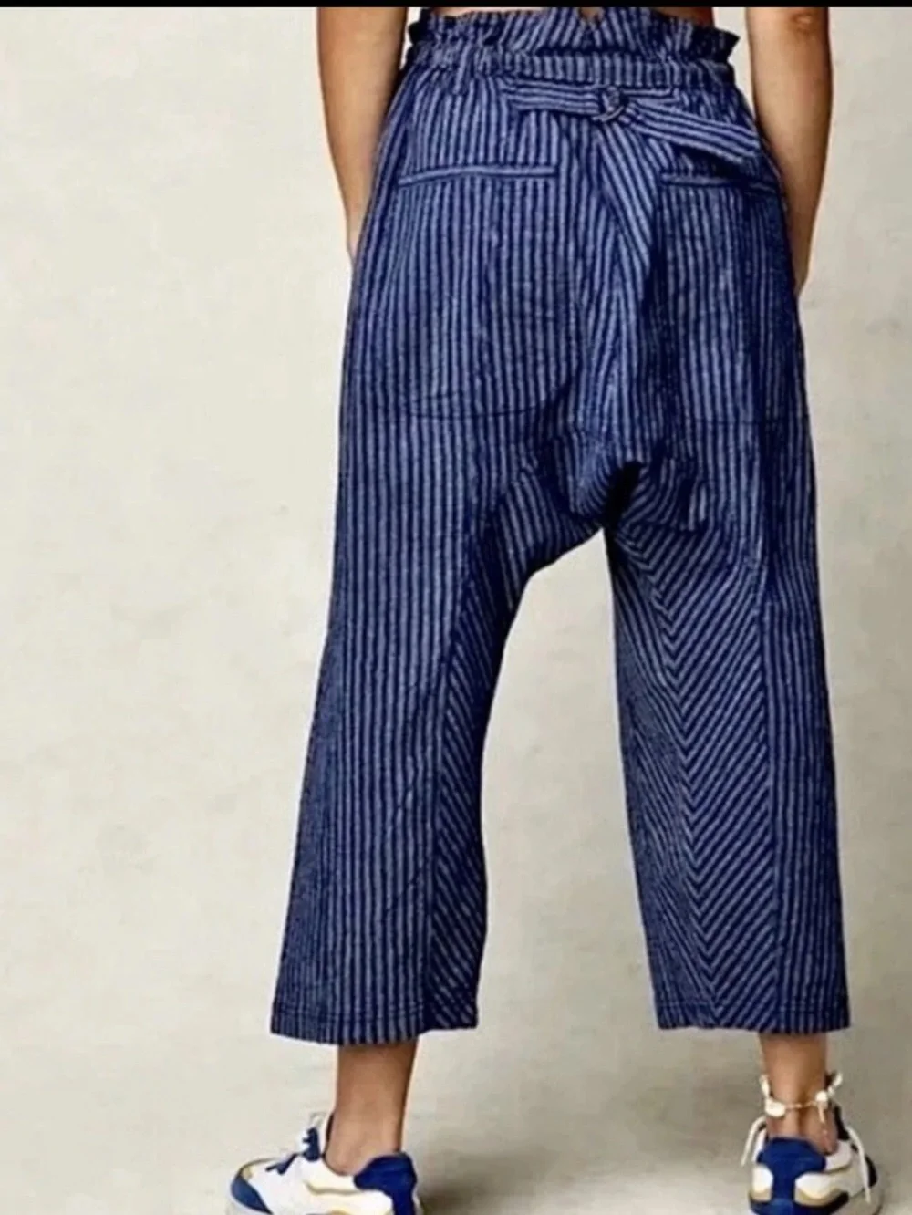 Free People Runyon Oversized Stripe Harem Drop Crotch Blue Cropped Pants